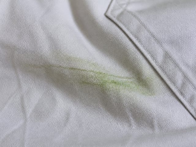 Tache d'herbe sur un pantalon en coton blanc